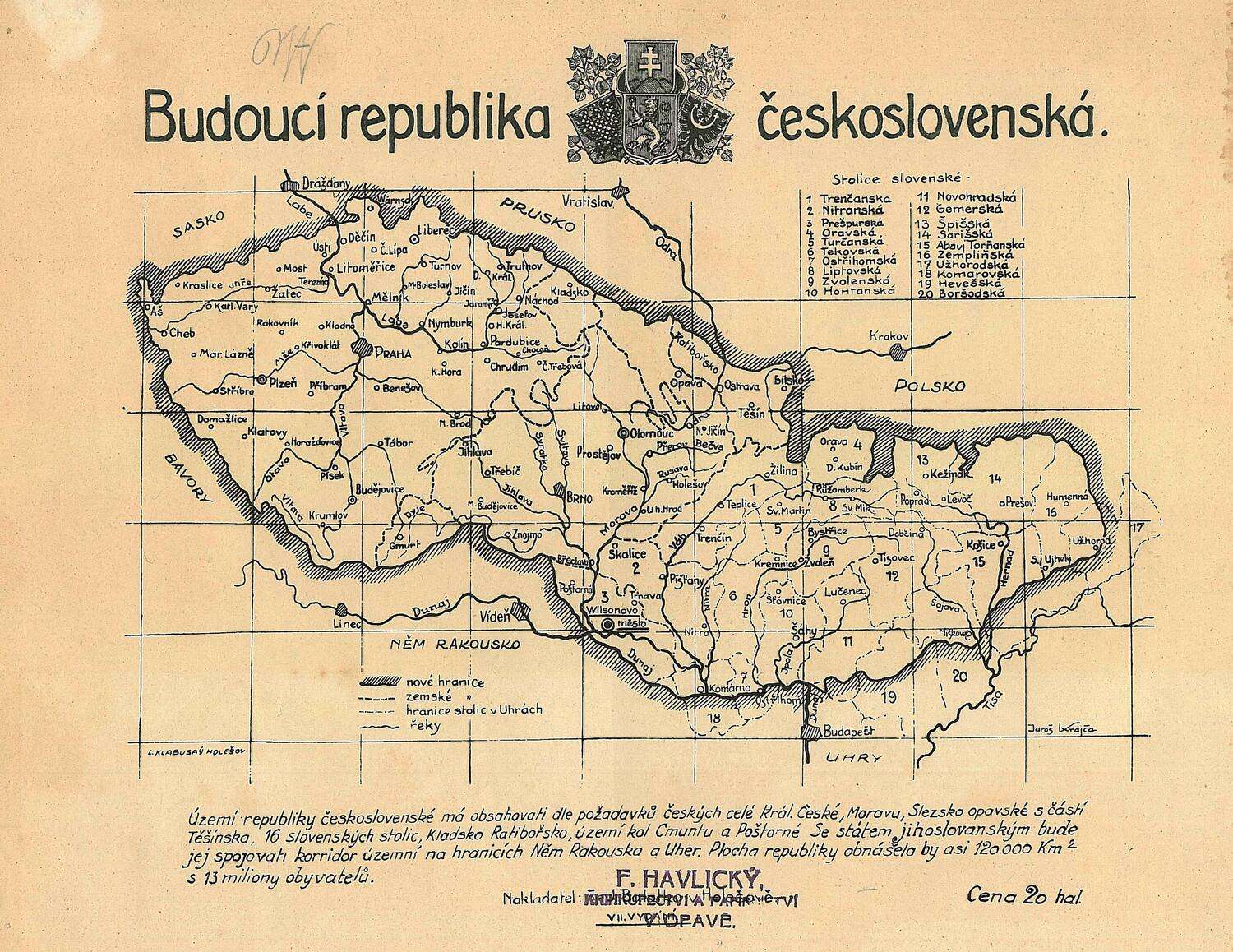 Hand-drawn map of Czechoslovakia, showing what the newly-formed nation would look like (1918)
