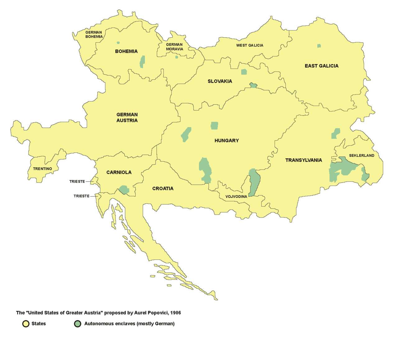 Map of the proposed United States of Greater Austria in 1906