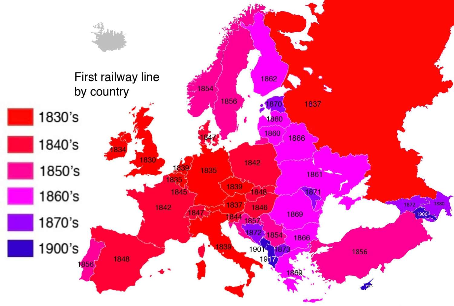 First railway line by country in Europe