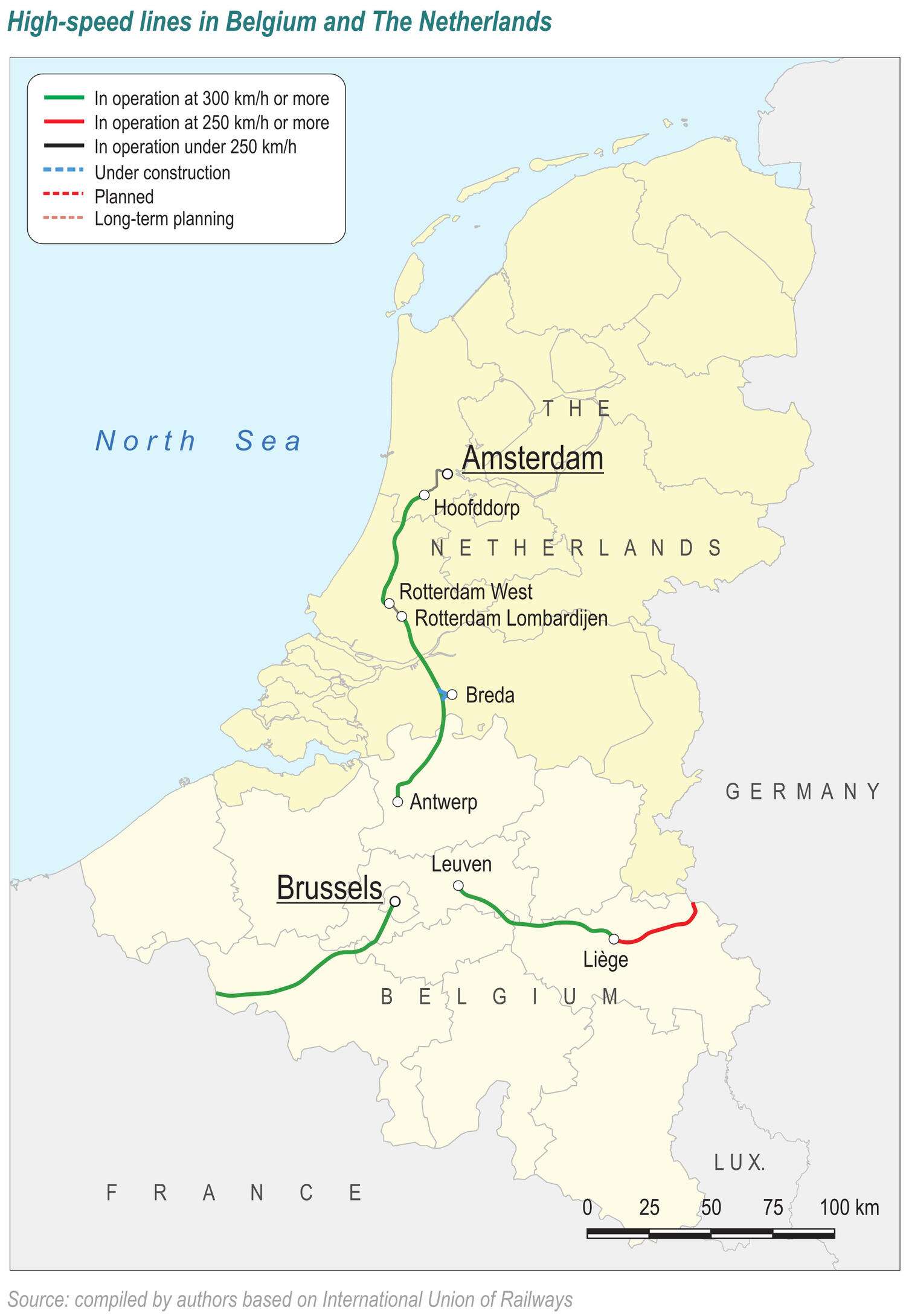 High-speed rail lines in the Netherlands and Belgium