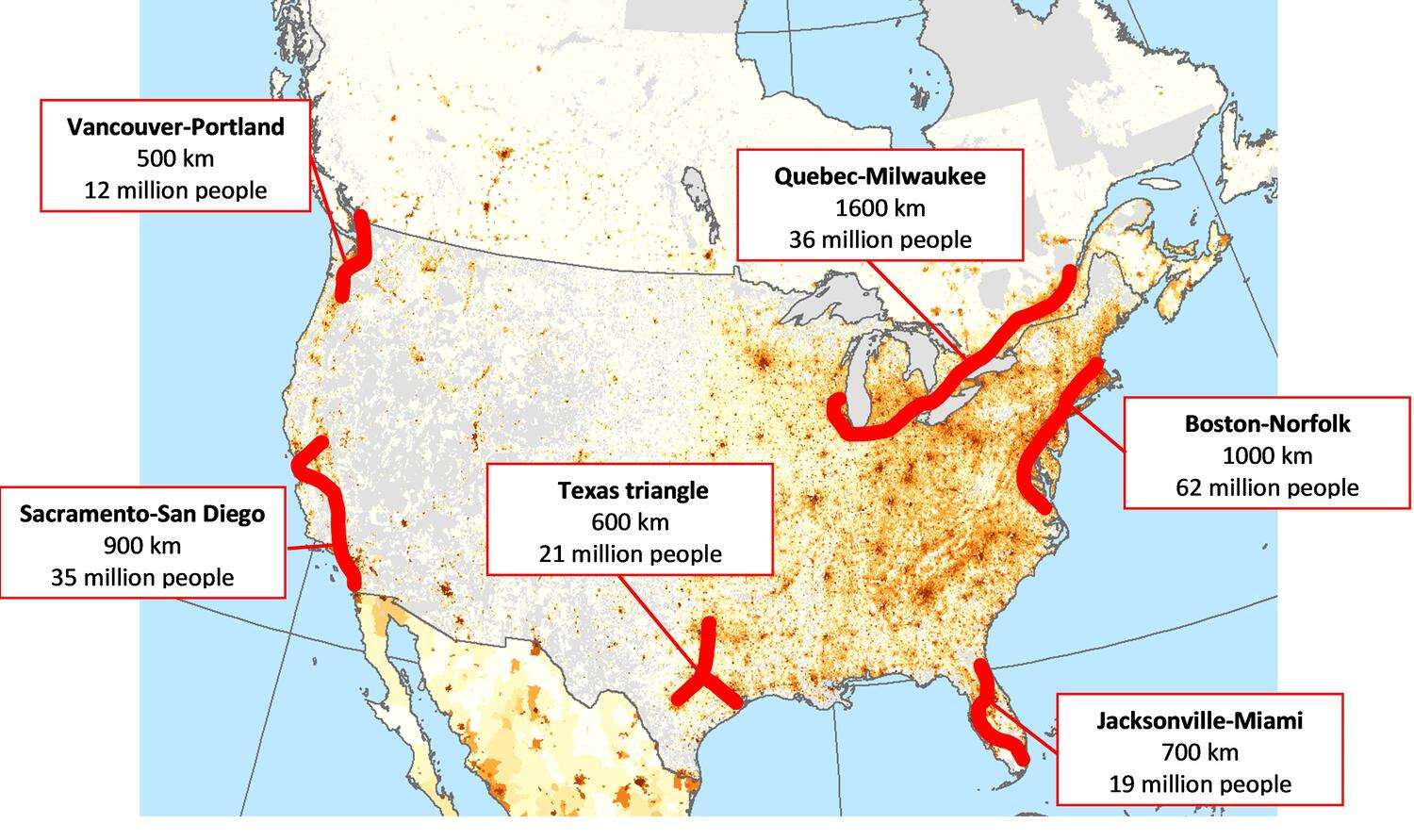Potential high speed rail routes in the US and Canada to connect 50% of the population