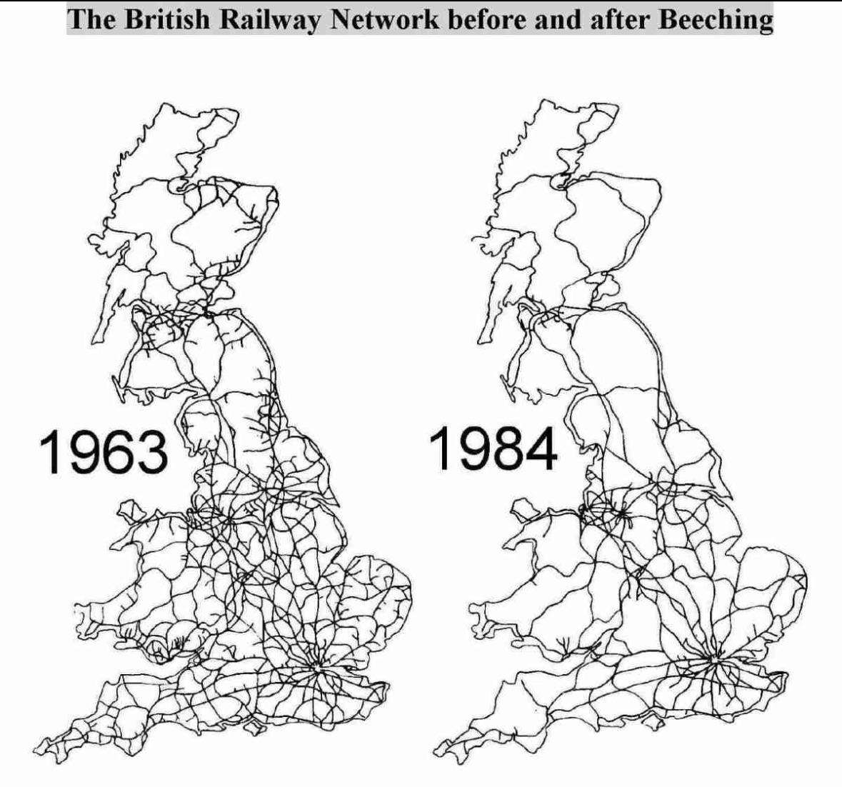 The British railway network before and after beeching
