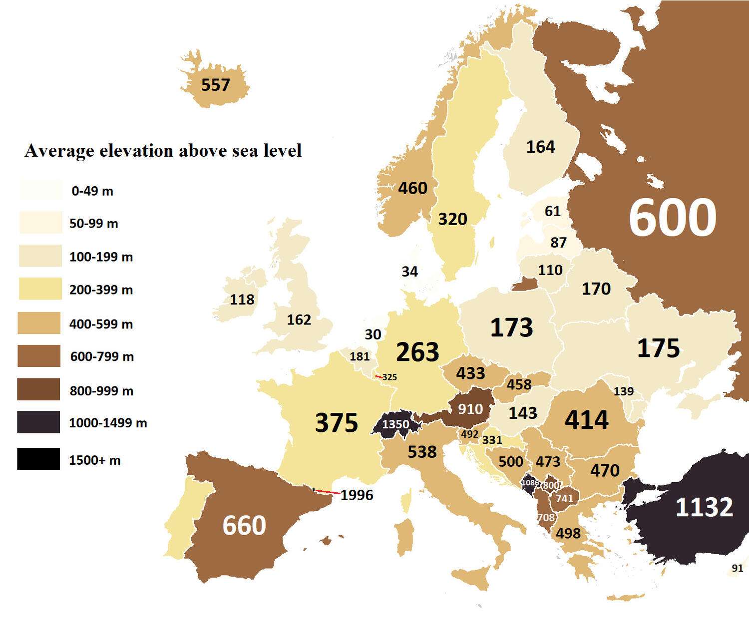 Average elevation above sea level of European countries