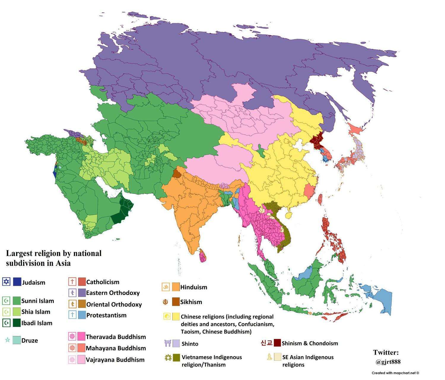 Largest religion by national subdivision in Asia