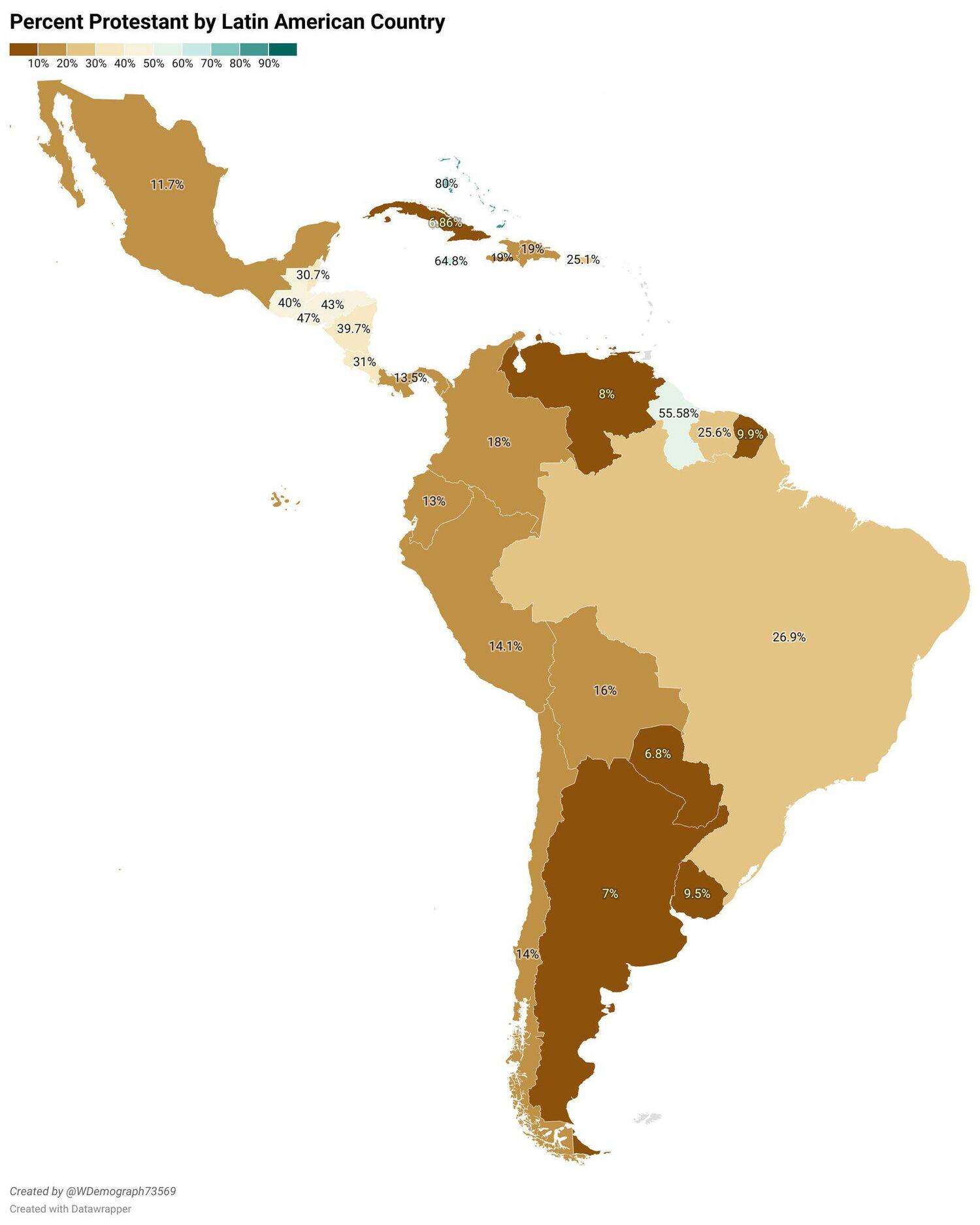 Percentage of Protestants in Latin America
