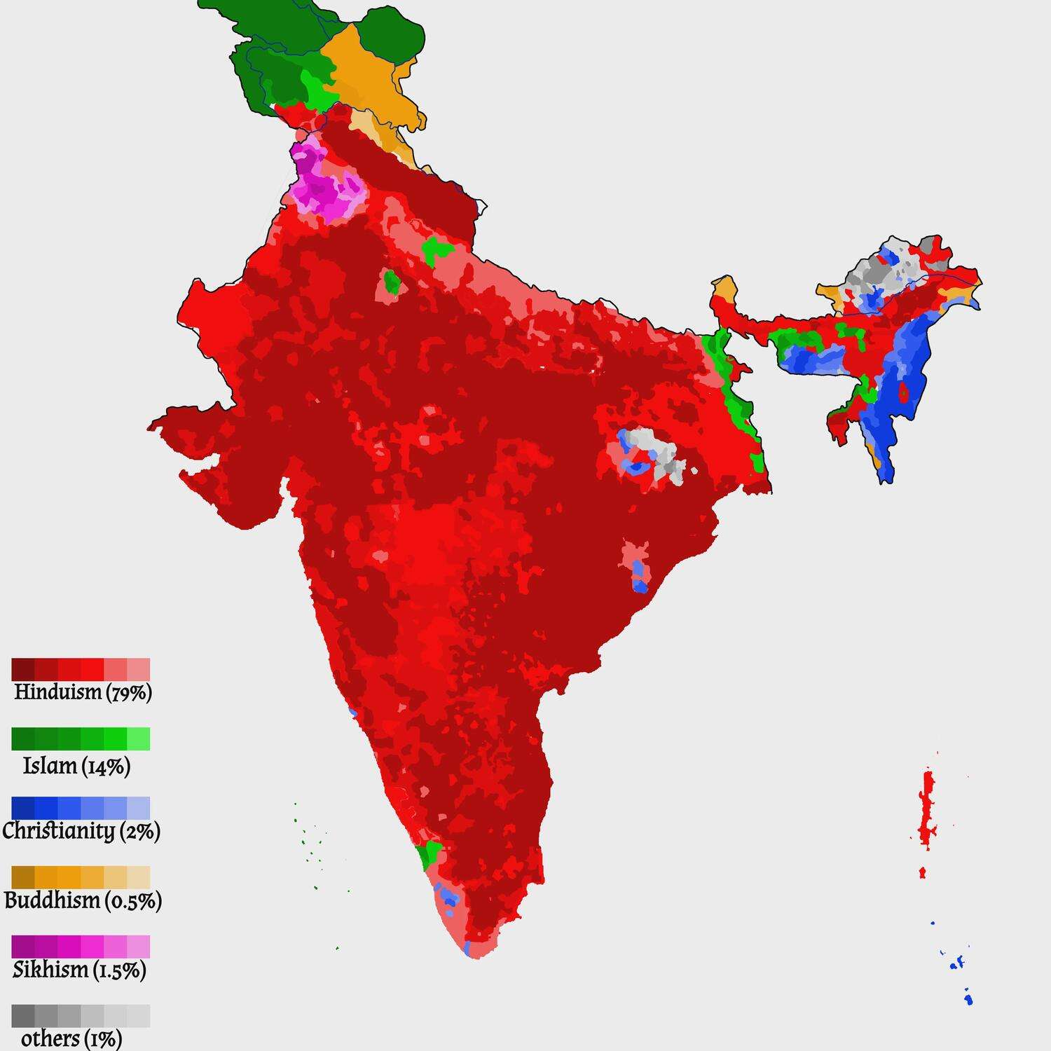 Religion in India by concentration/percentage