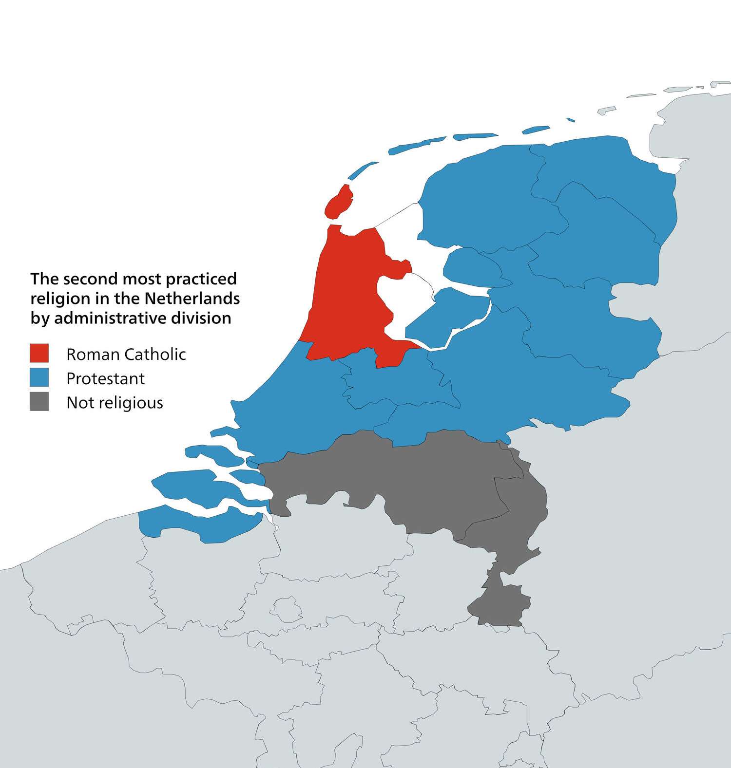 The second most practiced religion in the Netherlands by administrative division