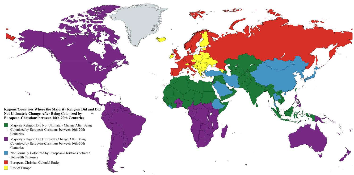 Where the majority religion did or did not change after being colonized by Europeans