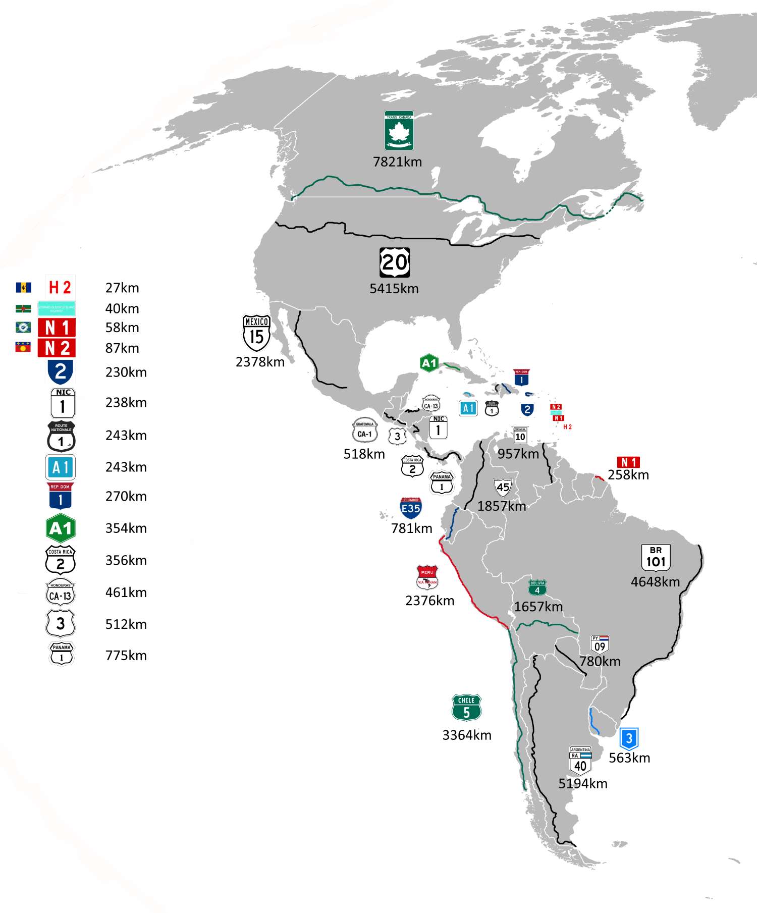 Longest Road in Each Country (and some Territories) of the Americas