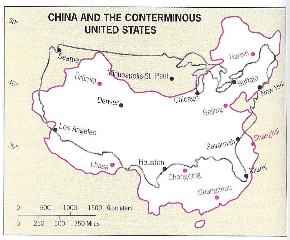China and the U.S. mainland overlaid at the same latitudes
