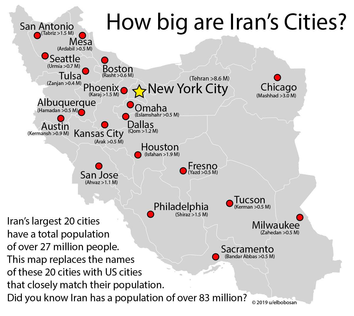 Map of Iran with its 20 largest cities labeled as a US city of similar population