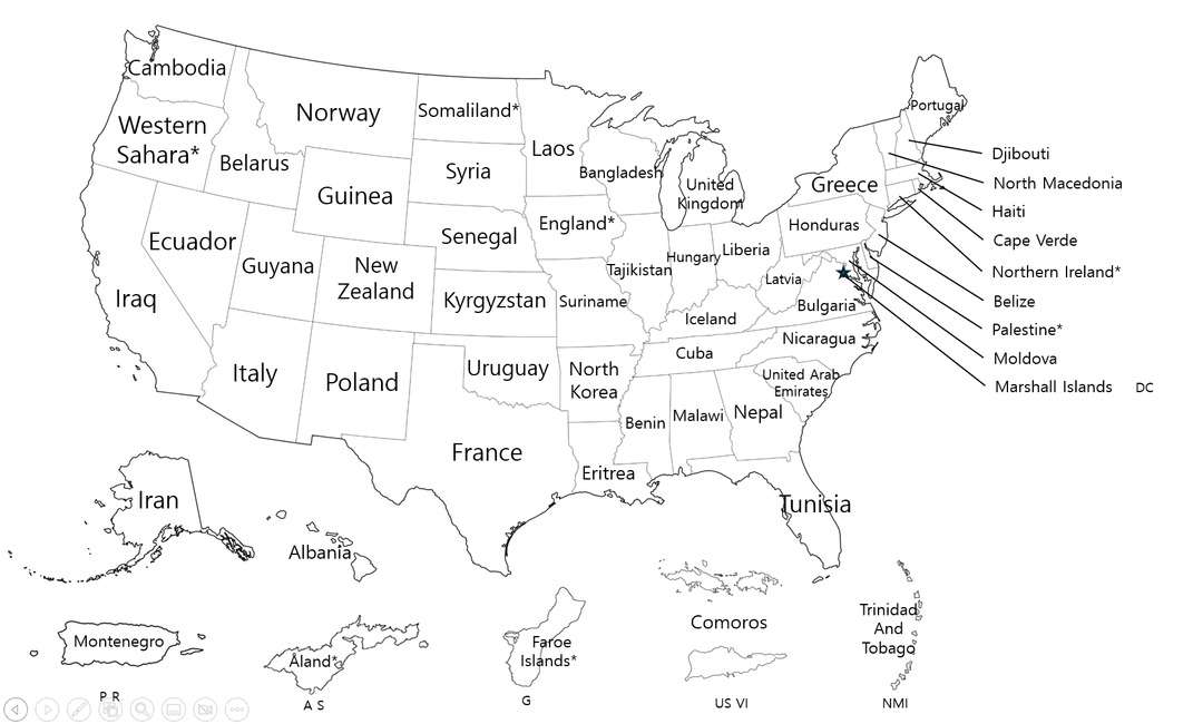USA states sizes with country equivalents