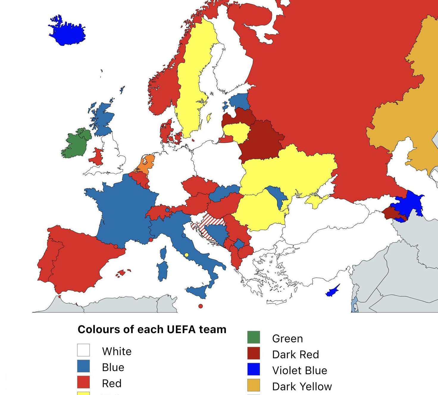 Map of the colour jerseys of each UEFA team