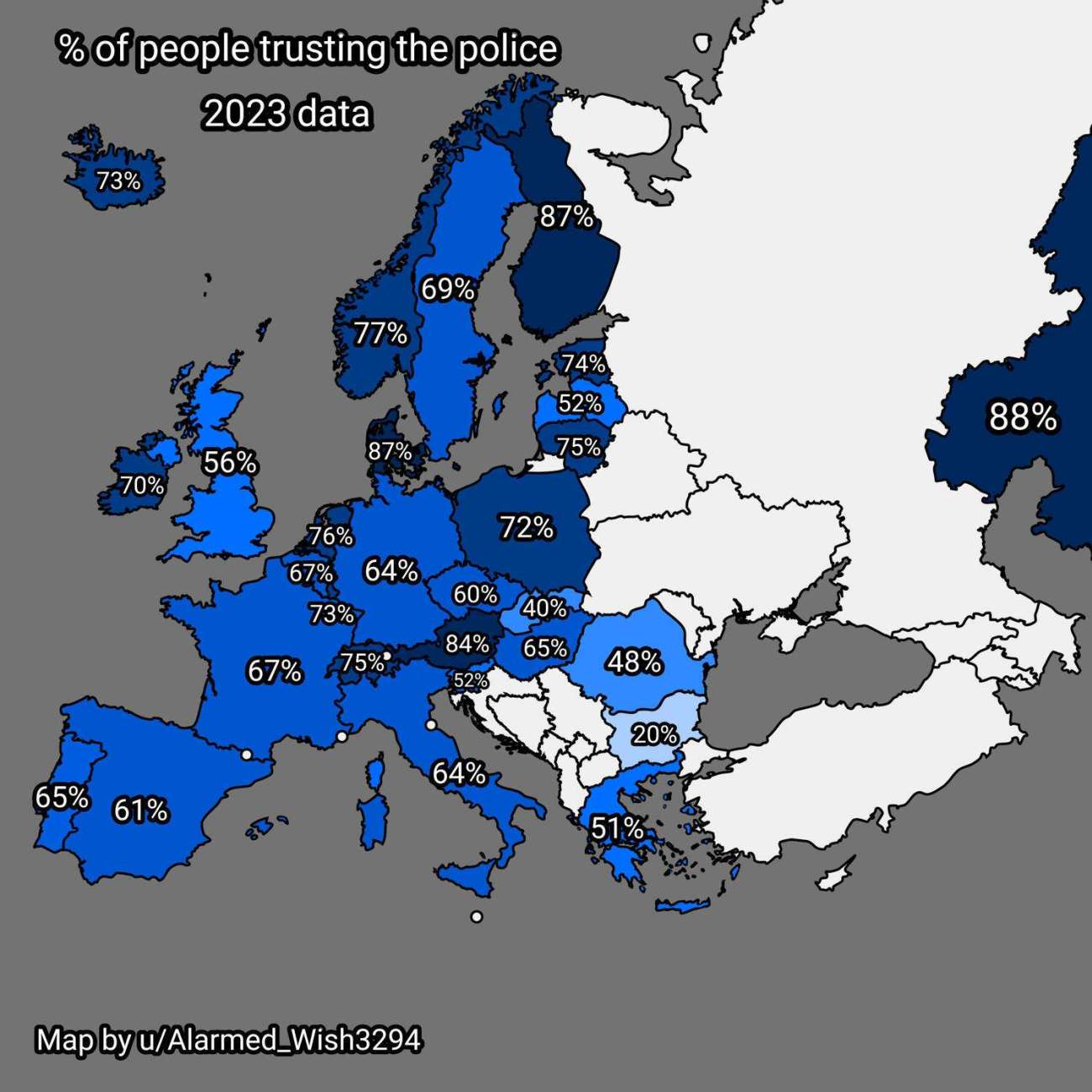 Percentage of people in Europe trusting the police