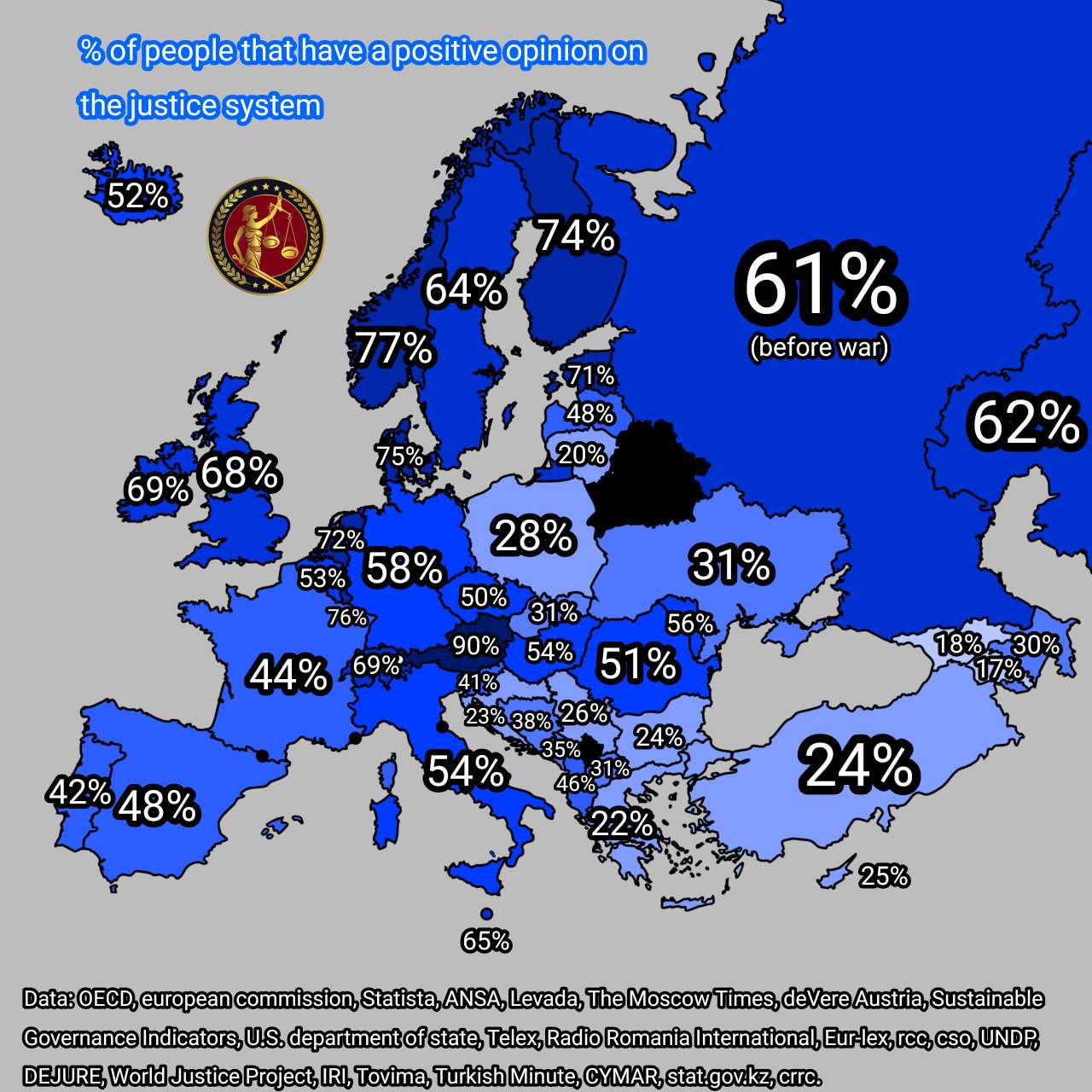 Share of people throughout Europe that have a positive opinion on the justice system
