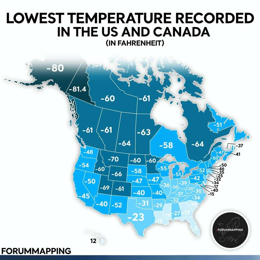 Lowest temperature recorded in the US and Canada, in Fahrenheit