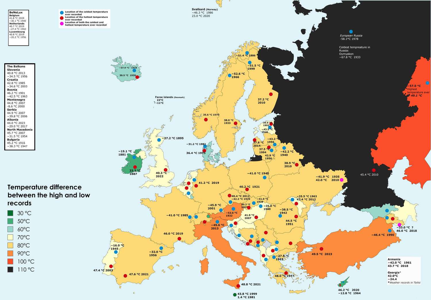 The Highest and Lowest Temperatures Recorded in Every European Country and the Location They Have Been Recorded
