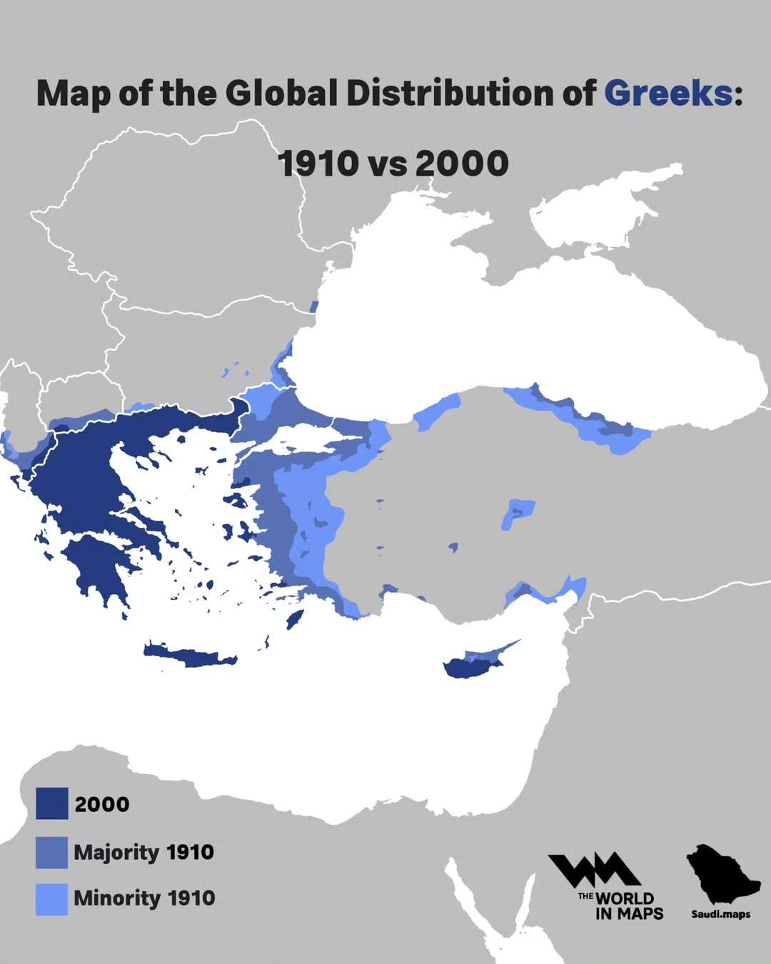 Map of the spread of the Greeks in 1910 and 2000