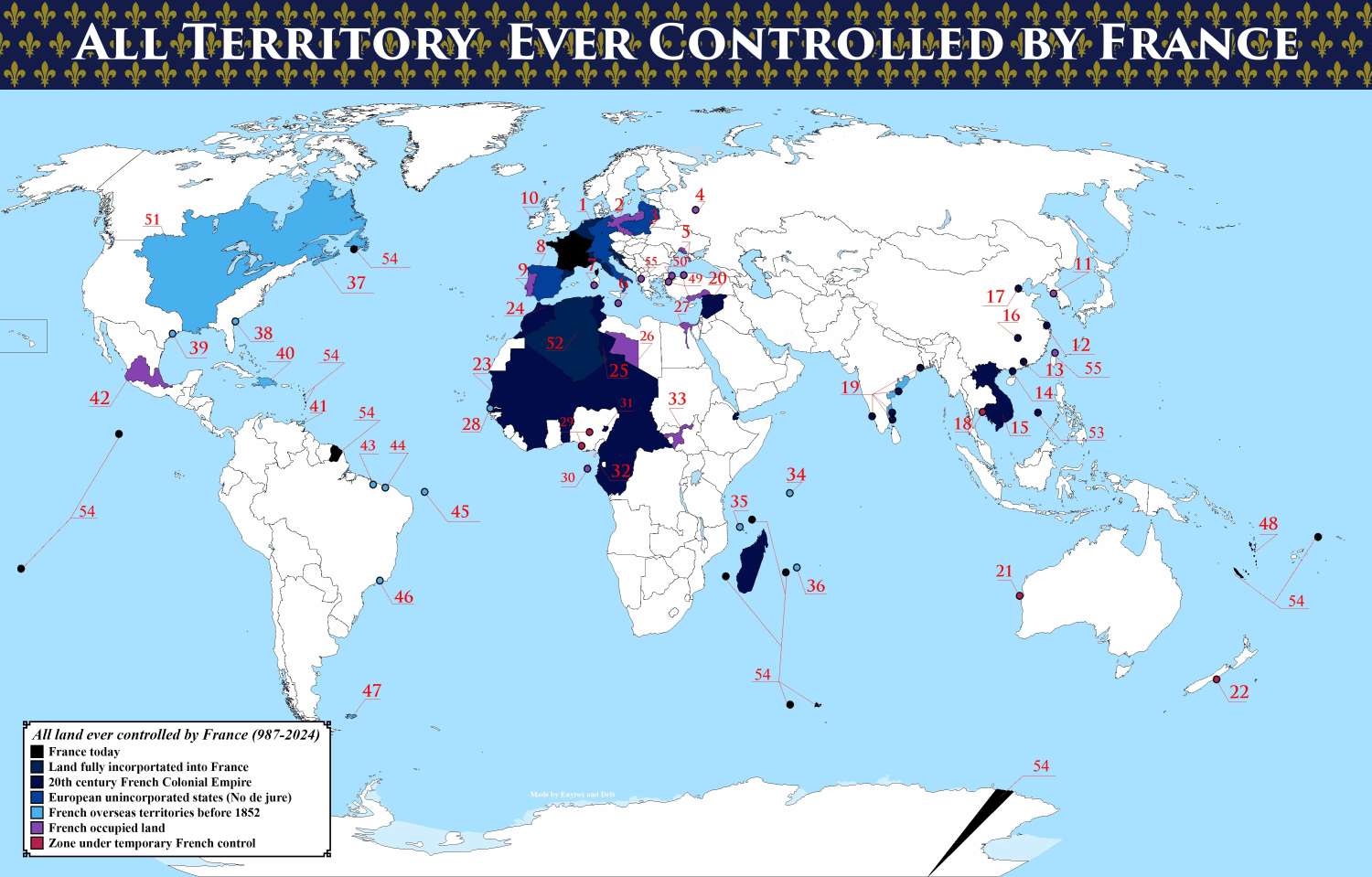 Map of all territory ever controlled by France