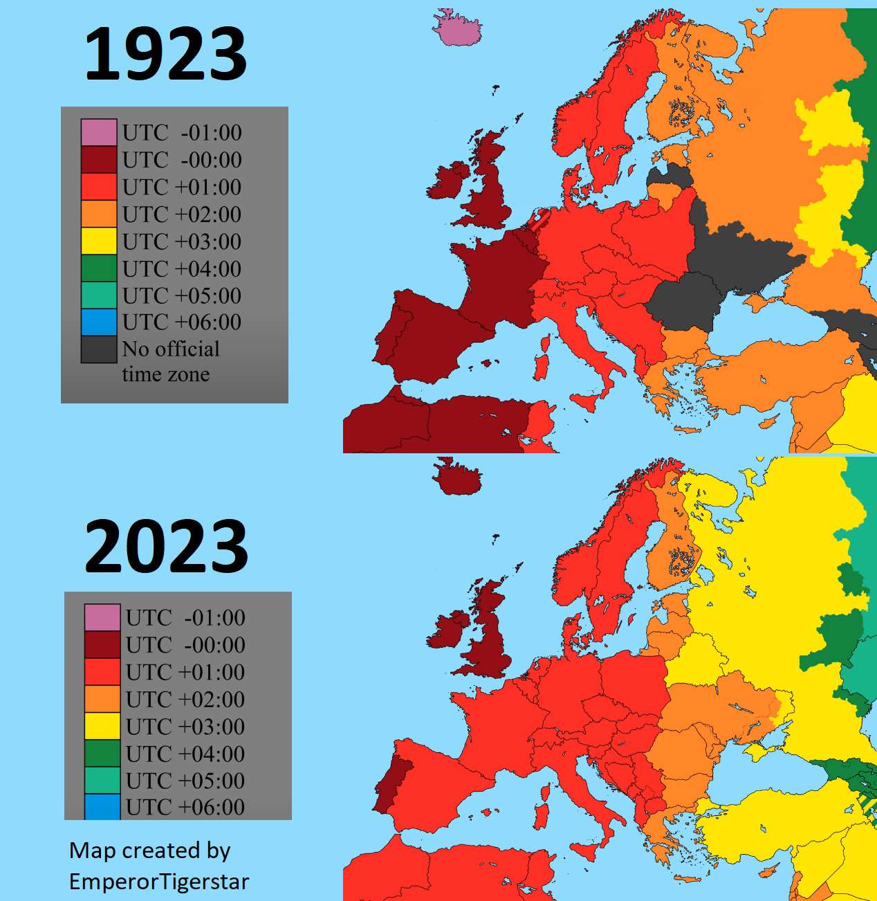 Time zones in Europe 100 years ago and now
