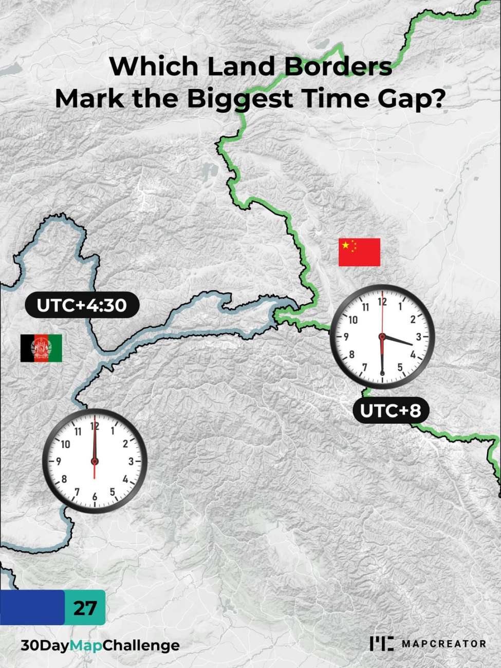Which land borders mark the biggest time gap