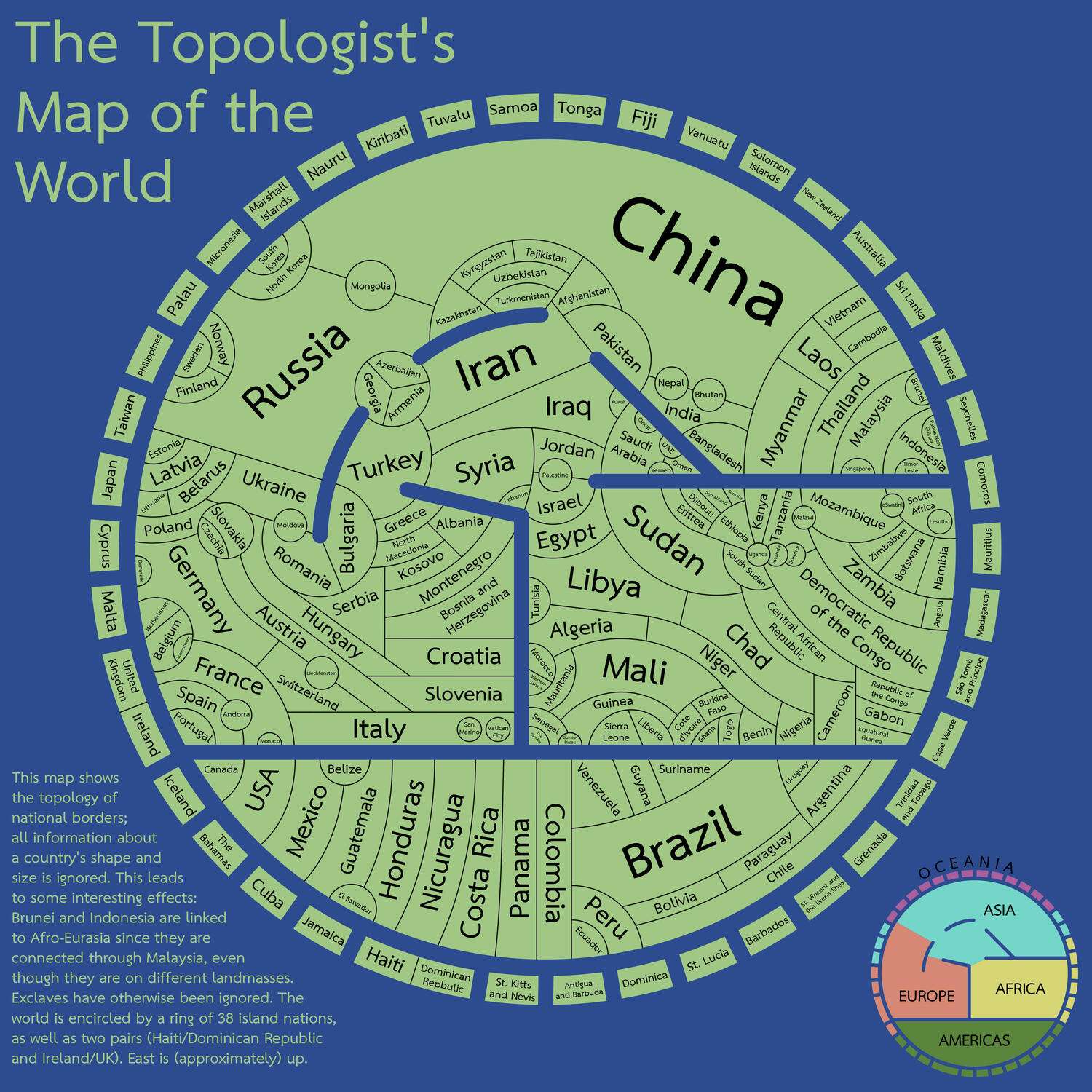 The topologist's map of the world - a map showing international borders, and nothing else