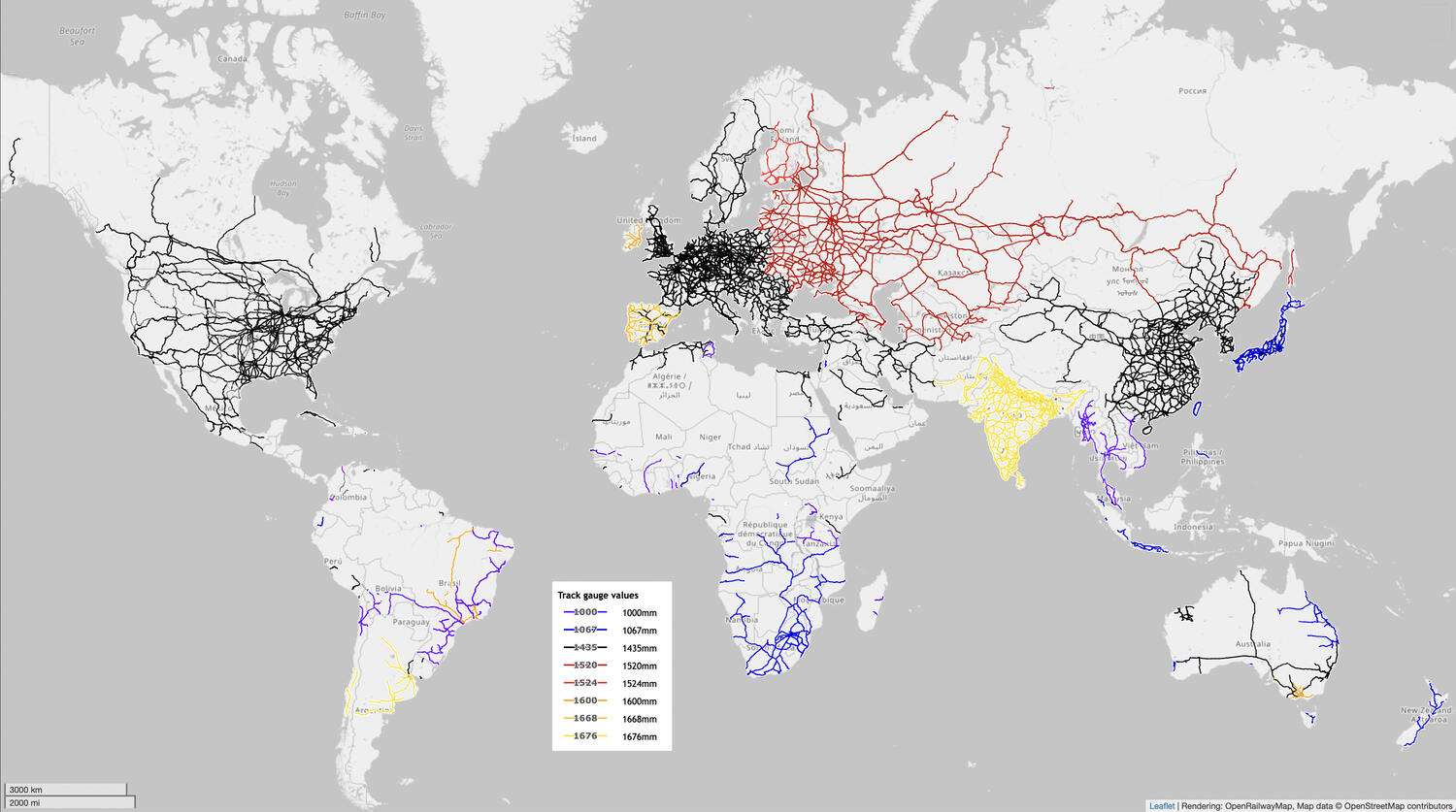 Gauges in use by world's rail networks