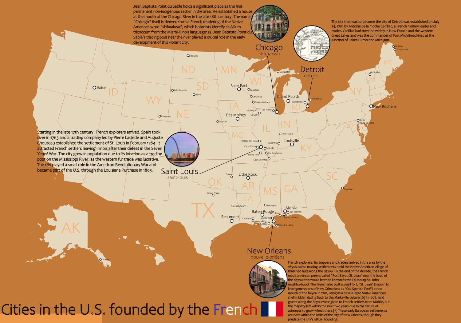 Map of U.S. cities that were founded by France.