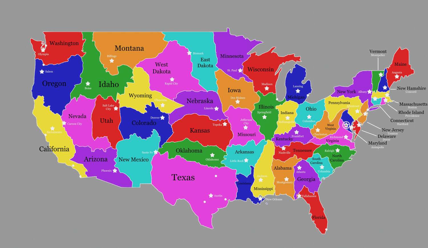 US state borders drawn with only natural boundaries