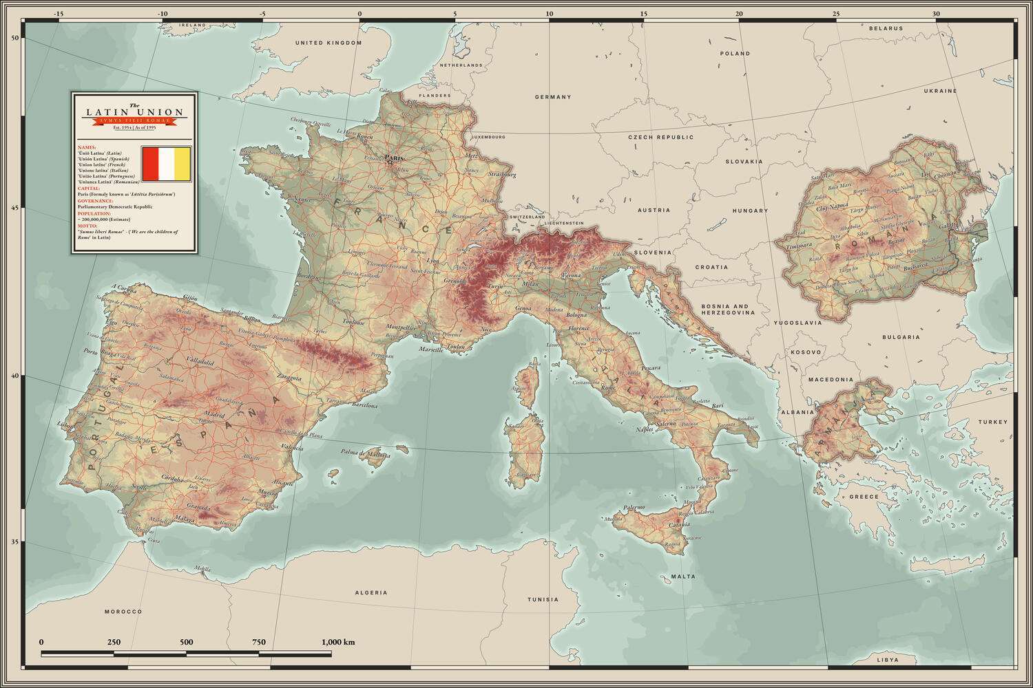 The Latin Union: what if the Romance speaking areas of Europe united into a single nation? 