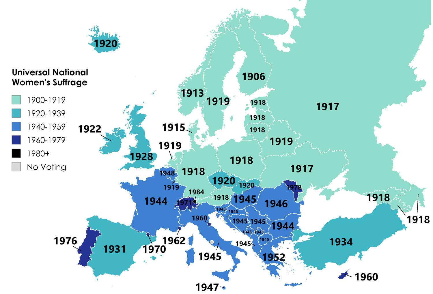 In what year did women gain universal national suffrage?
