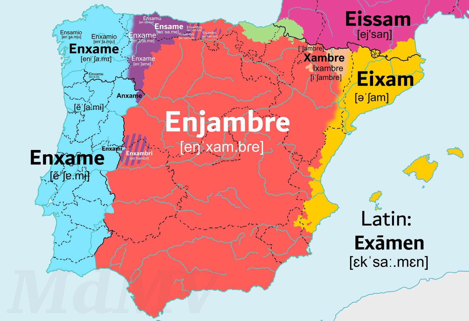 Results of Latin "exāmen" in Iberian Romance Languages (with IPA)