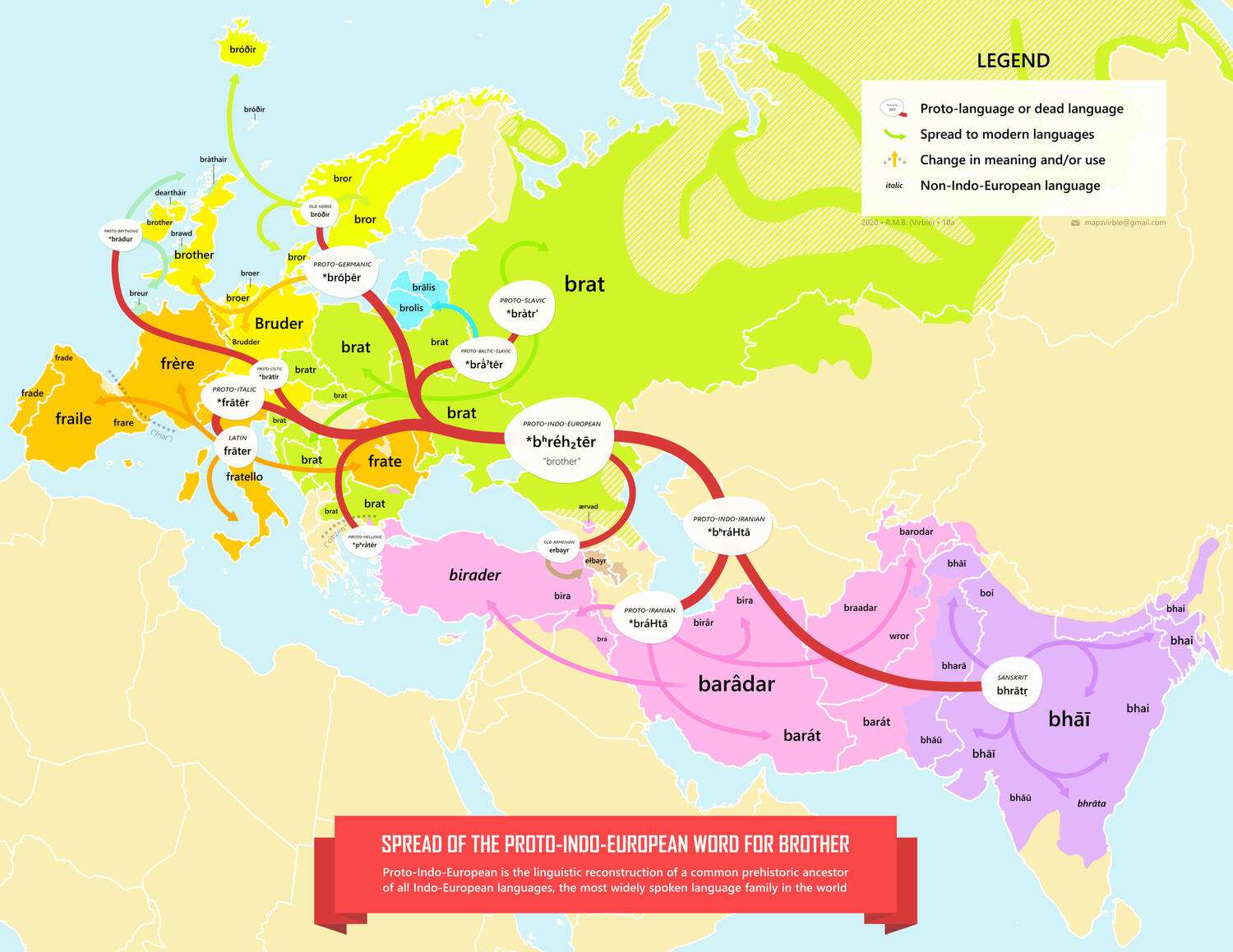 Spread of the Proto-Indo-European word for 'brother' (Eurasia)