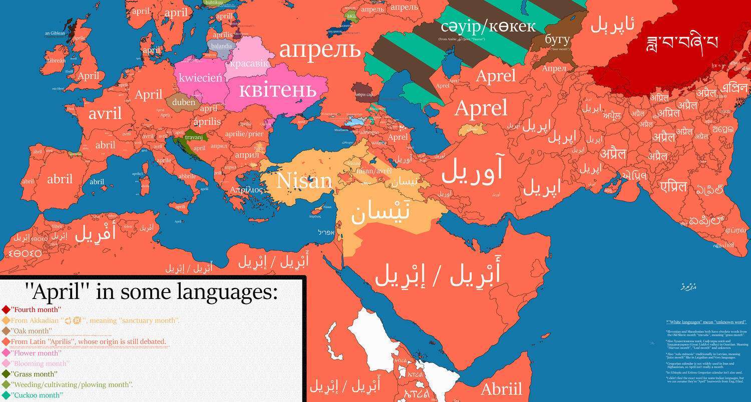 The month ''April'' in different languages