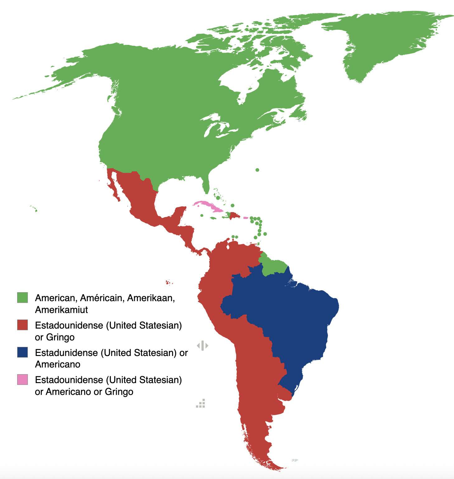 Various countries in the Americas refer to people from the USA based on their language