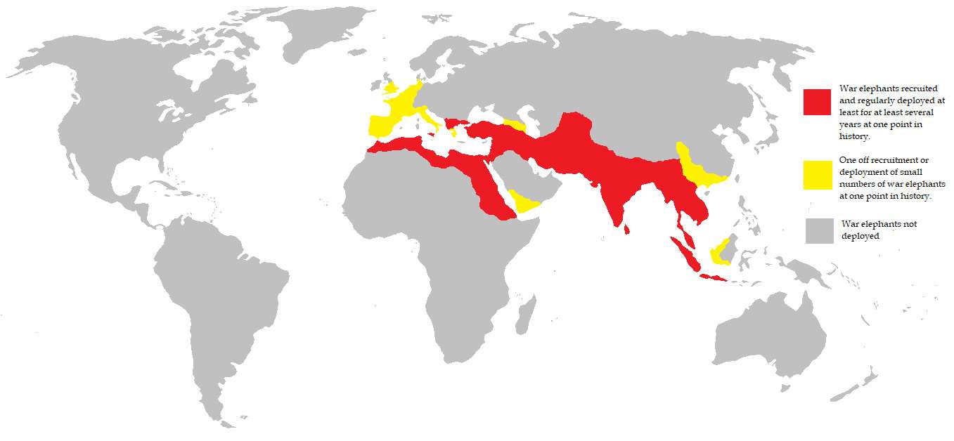 Historical range of the use of war elephants throughout history