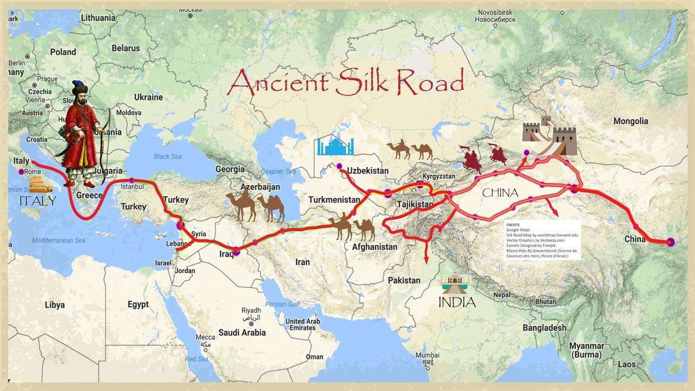 Silk Road overlaid over a modern map