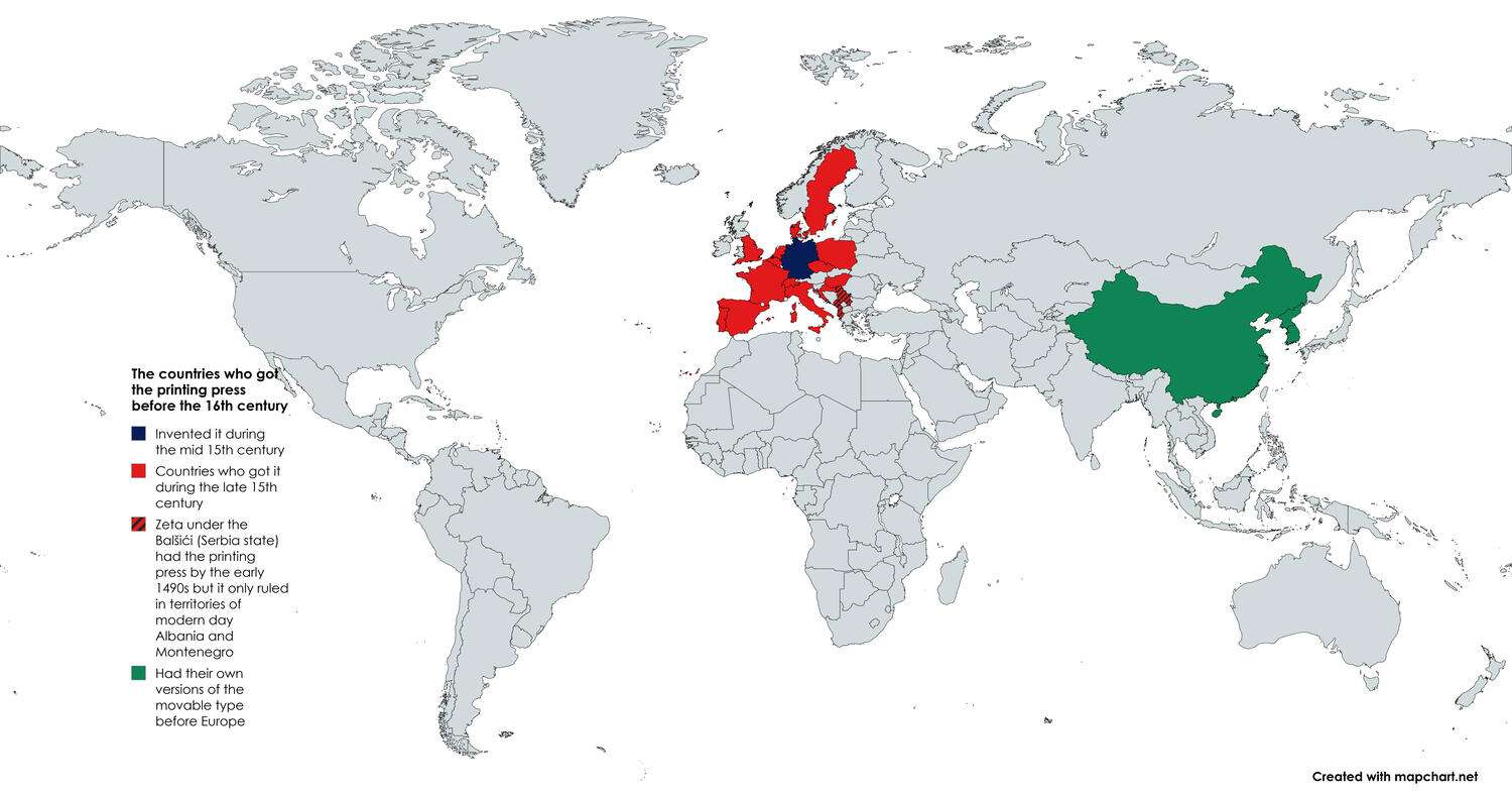 The countries who got the printing press before the 16th century