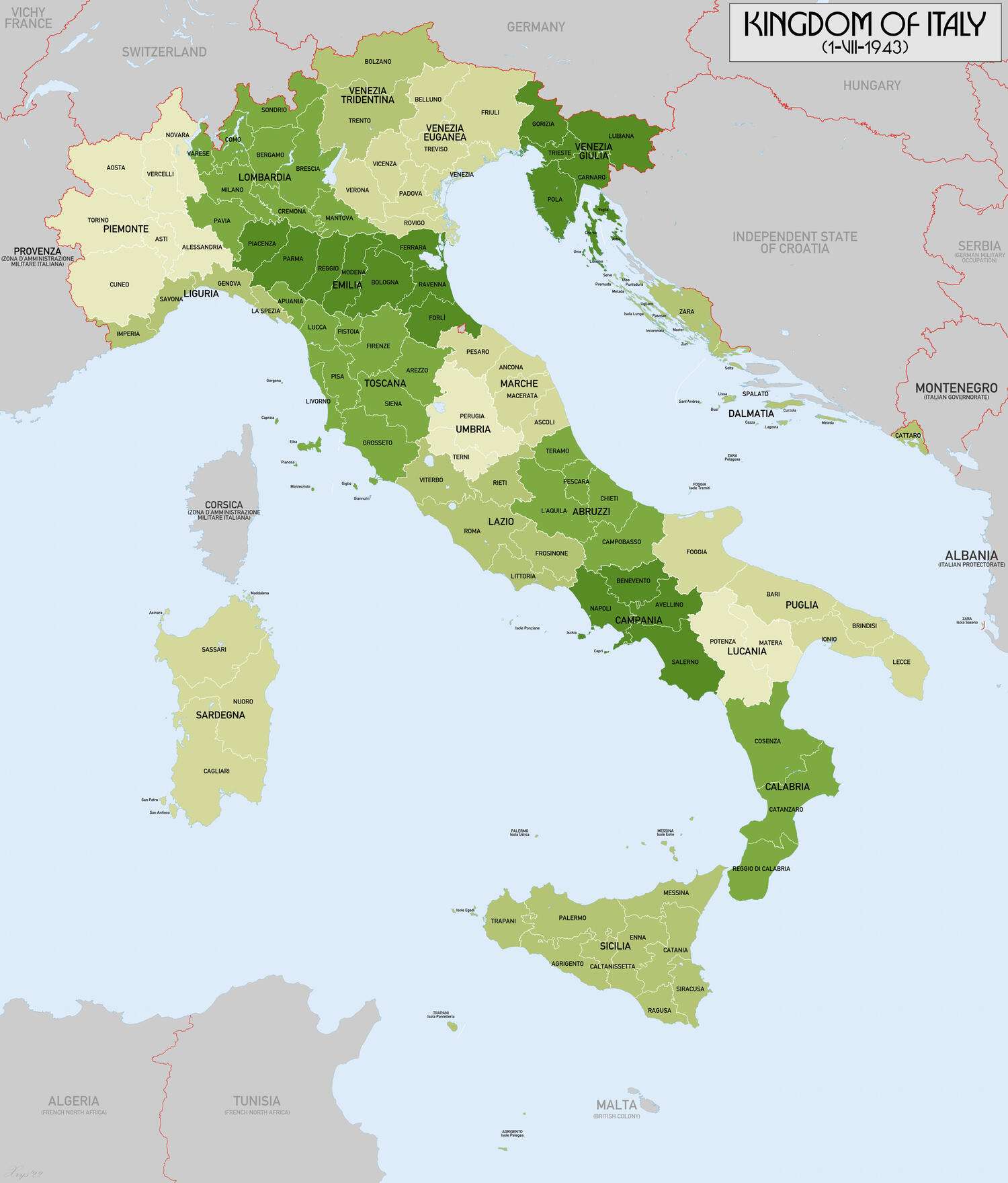 Map of the Kingdom of Italy on July 1, 1943