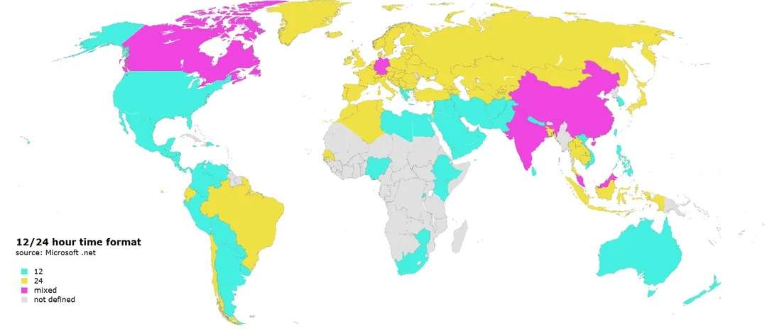12/24 hour time format used around the world